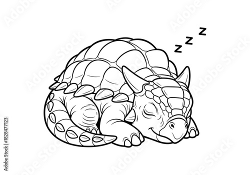 Adorable sleeping dinosaur with dreamy expression and zzz symbols in black and white line art