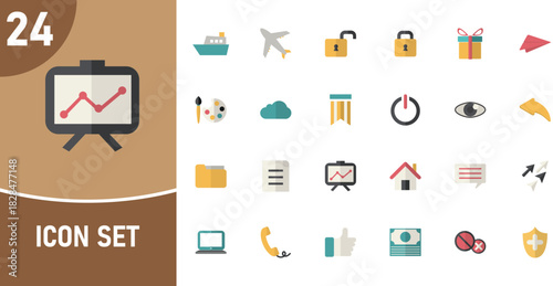 Flat Design Icon Set Featuring Business Travel and Everyday Life Elements