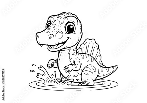 Cute dinosaur coloring page with spinosaurus in water splashing fun