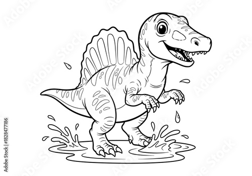 Cute dinosaur splashing in water black and white cartoon design for kids