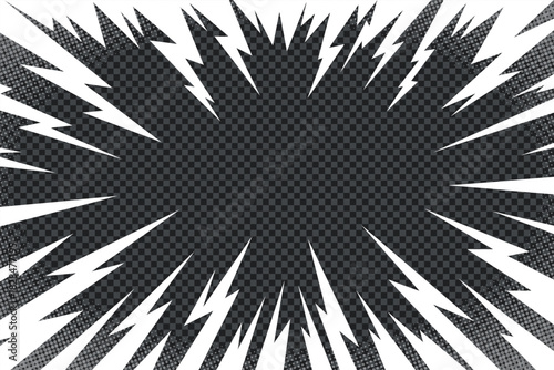 Thunder line manga vector with comic dotted radial background. Thunder manga bg for anime motion, pop flash or energy light. Abstract texture frame for modern design use.