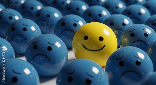 Unique yellow smiley face amongst a crowd of blue, sad emoji spheres, 3D render
