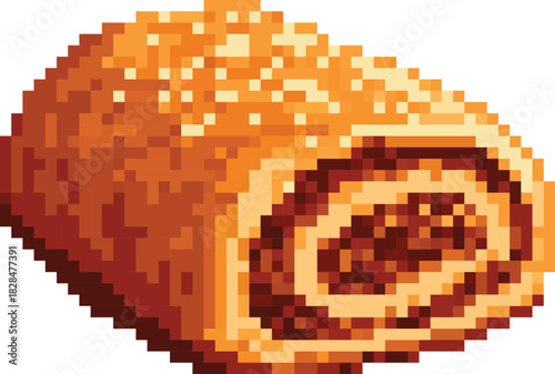 A delicious pixel art cinnamon yule log, strudel,  roll  for Christmas bakery-themed projects, nostalgic pixel art collections, and digital food illustrations, greeting cards, posters, flyers