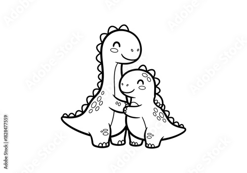 Cute dinosaur family line art: adorable parent and child in black and white