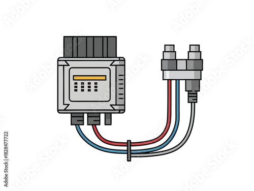 Flat line art illustration of an automotive electronic control unit, showcasing a complex wiring harness and plug connectors for vehicle systems