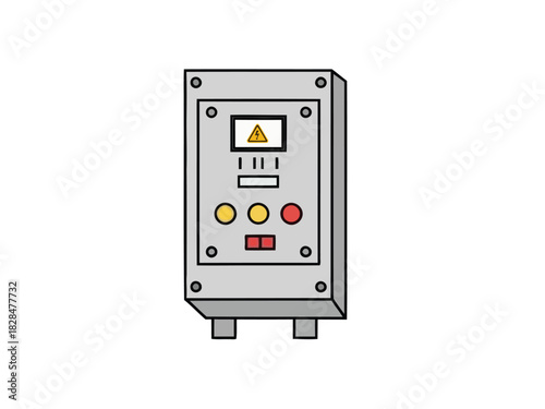Industrial control panel with warning light and buttons on gray background