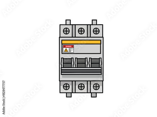 Illustration of an electrical circuit breaker with warning signs, designed for power systems and equipment