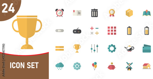 Diverse Icon Set Featuring Award Trophy Alarm Clock and Financial Elements