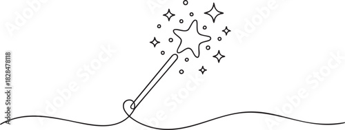 Continuous single line drawing of a magic wand creating sparkles, symbolizing imagination and creativity in a clean minimalist outline vector illustration