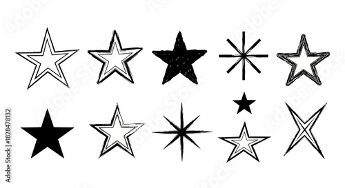 Set of black star shapes, including solid, outlined, and sparkling doodle designs. A versatile graphic illustration collection of vector elements
