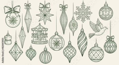 Elegant collection of hand-drawn vintage green Christmas ornaments. A detailed vector line art set for holiday decoration design