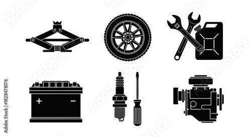 Collection of monochrome vector icons for automotive service and vehicle repair, including car parts like engine, battery, and tire