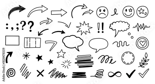 Hand drawn doodle collection of abstract sketch elements featuring arrows, speech bubbles, and infographic symbols for creative design projects