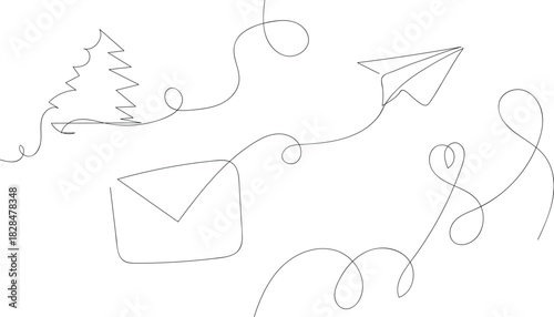 Single line drawing of a flying paper airplane delivering mail. A minimalist, continuous line illustration depicting a paper airplane in flight carrying a piece of mail, perfect for communication them
