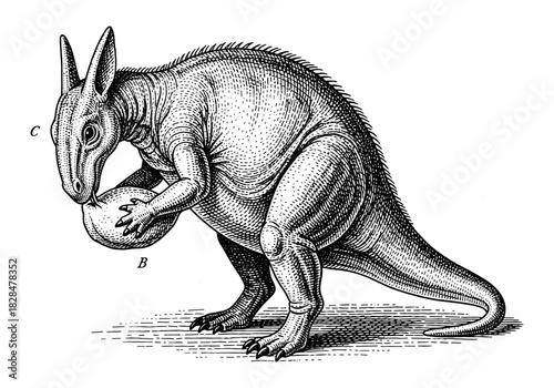 Vintage dinosaur engraving with detailed textures and classic style