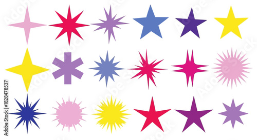 A colorful collection of various star shapes and sparkle icons. Vector graphic design element set isolated on a white background