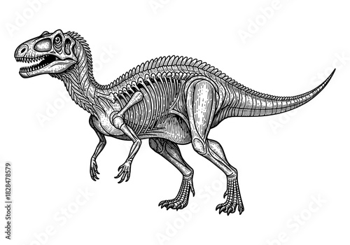 Intricate black and white dinosaur skeleton drawing