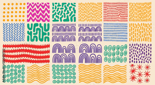 Abstract hand-drawn pattern collection with vibrant doodle elements and organic textures for creative design