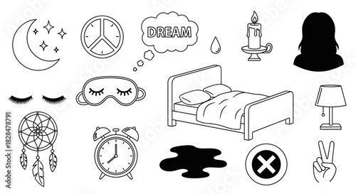 A diverse collection of black and white doodle icons representing sleep, dreams, and nighttime themes. Vector set for creative graphic design projects