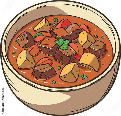 Delicious beef stew with potatoes and tomatoes in a bowl, cartoon style