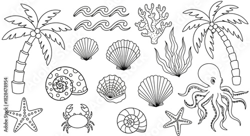 Collection of hand-drawn sea life and beach icons in a black and white outline style. Vector set for coloring with palm trees, octopus, and shells