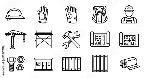 A comprehensive set of construction industry line icons, including safety equipment, building tools, heavy machinery, and architectural blueprints for engineering projects