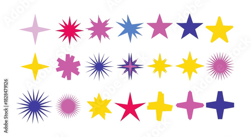 A versatile set of colorful star icons and sparkle symbols. Abstract geometric and starburst shapes for modern graphic design