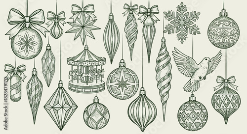 A beautiful collection of hand-drawn vintage Christmas tree ornaments and decorations in an elegant engraved illustration style