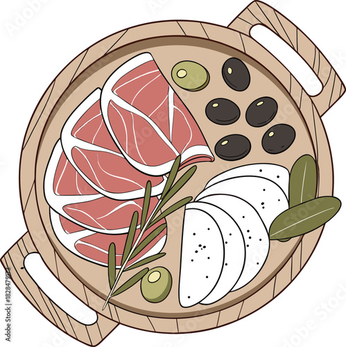 Appetizing charcuterie board with prosciutto, mozzarella, olives, and rosemary