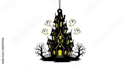 A detailed illustration of a haunted mansion with ghosts, perfect for Halloween parties and decorations, isolated vector art