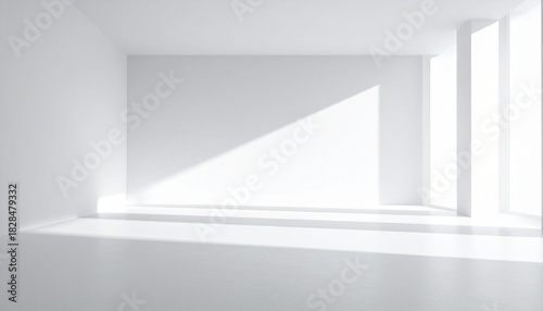 Wallpaper Mural Serene minimalist white room with bright natural sunlight streaming through large windows, casting dynamic shadows and creating a peaceful, spacious interior Torontodigital.ca