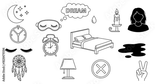 Set of monochrome outline icons for sleep, relaxation, and dream concepts isolated on a white background