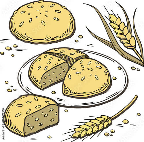 Hand drawn illustration of bread, sliced bread on plate and wheat ears
