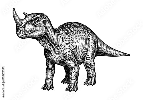 Vintage engraved dinosaur with horns in black and white artwork