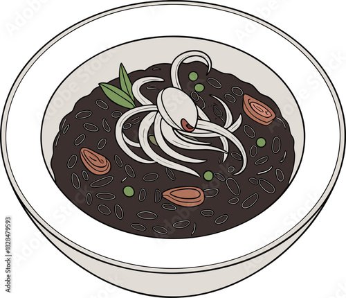 Delicious black risotto with squid and peas served in a white bowl