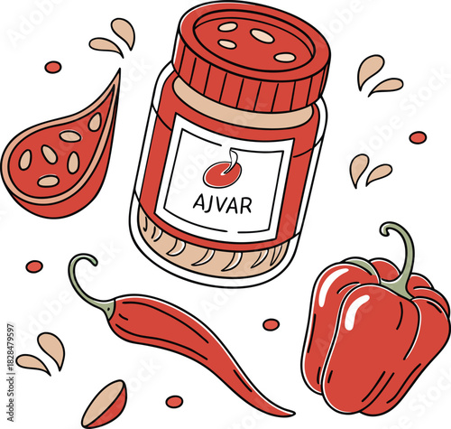 Ajvar relish in jar with red bell pepper and chili