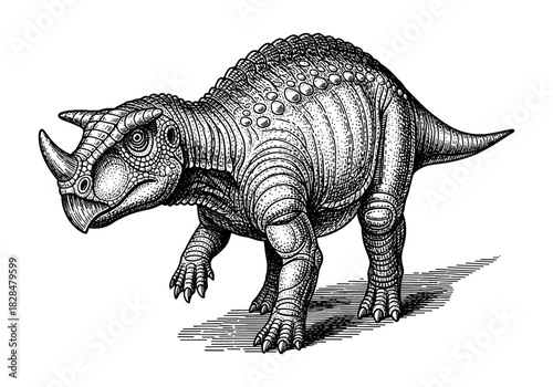 Detailed black and white stippling of a prehistoric triceratops dinosaur