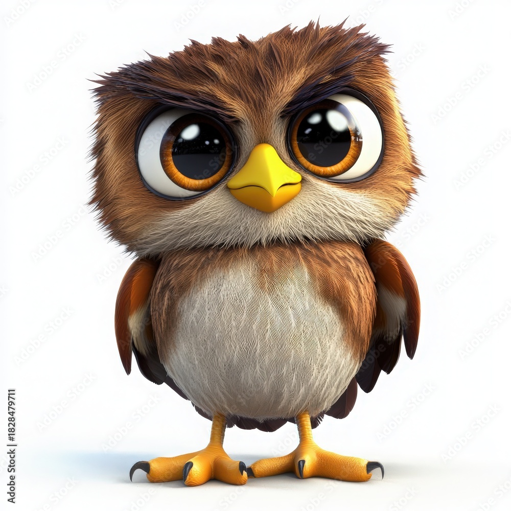 Fototapeta premium Adorable cartoon owl with big eyes looking grumpy, perfect for children's books, educational materials, or a cute mascot design in your next project