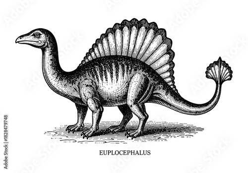 Vintage engraving of euplocephalus dinosaur with distinctive tail and back features