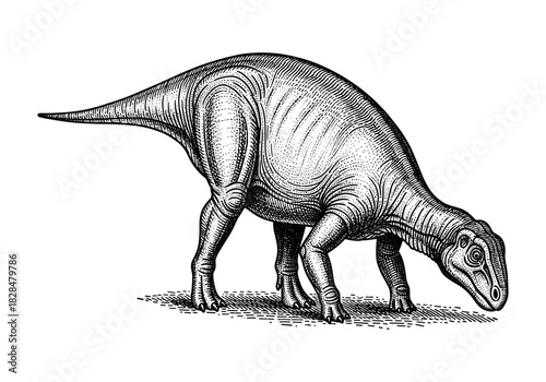 Dinosaur engraving in vintage style: detailed black and white etching of prehistoric creature
