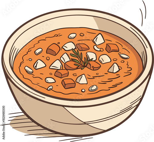 Bowl of delicious tomato soup with croutons