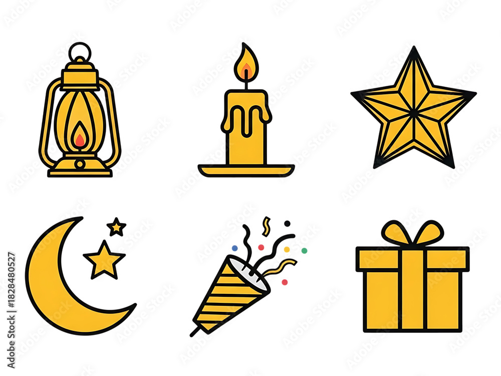 Fototapeta premium Golden Celebration Icons Set: Lantern, Candle, Star, Moon, Popper, Gift Box
