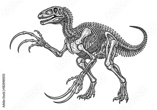 Detailed black and white dinosaur skeleton with sharp claws