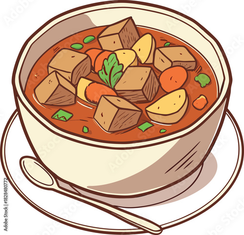 Bowl of hearty beef stew with potatoes and carrots
