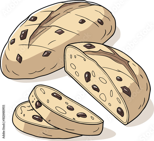 Loaf of raisin bread with slices