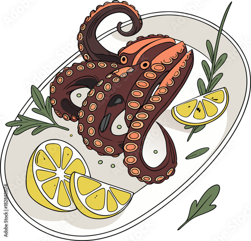 Hand drawn octopus with lemon slices on a plate