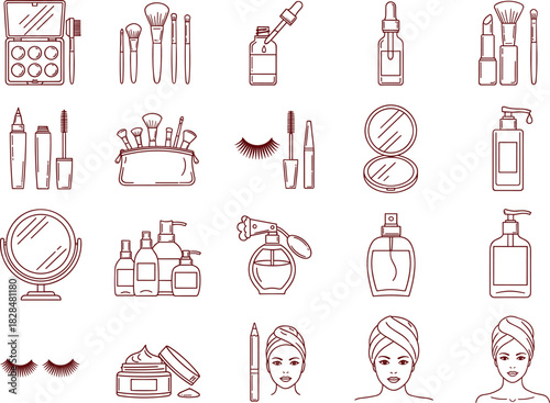 Minimalist Line Art Makeup and Skincare Vector Icon Set Featuring Cosmetics, Brushes, Mascara, Perfume, Moisturizer, and Female Beauty Avatars for Salon.