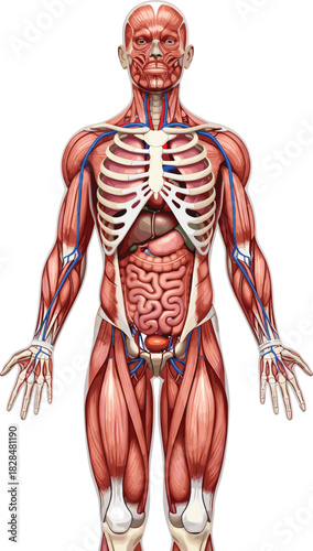 Detailed Human Anatomy Vector Illustration Showing Muscular System, Skeletal Structure, Circulatory Veins, and Key Internal Organs for Medical Education Diagrams.