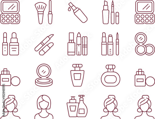Minimalist Line Art Makeup and Beauty Vector Icon Set Featuring Cosmetics, Eyeshadow, Lipstick, Brushes, Perfume Bottles, and Female Avatars.