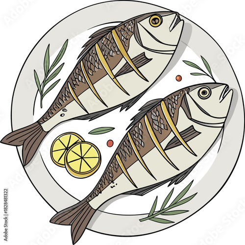 Two grilled dorado fish served on a plate with lemon and herbs illustration